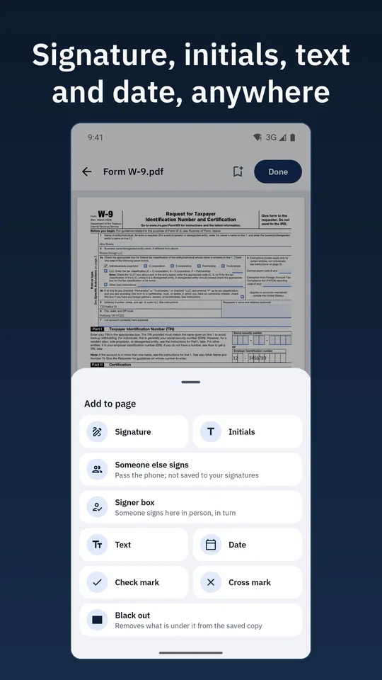 The Add to page sheet over a form: signature, initials, signer box, text, date, check mark and cross mark. Caption: Signature, initials, text and date, anywhere.