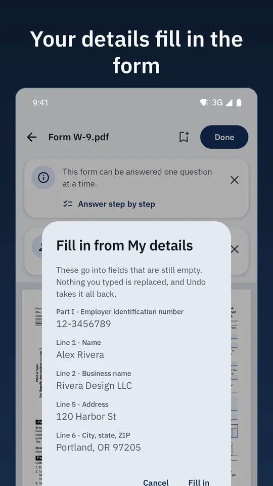 The Fill in from My details sheet listing a name, business name and address to put into the form. Caption: Your details fill in the form.