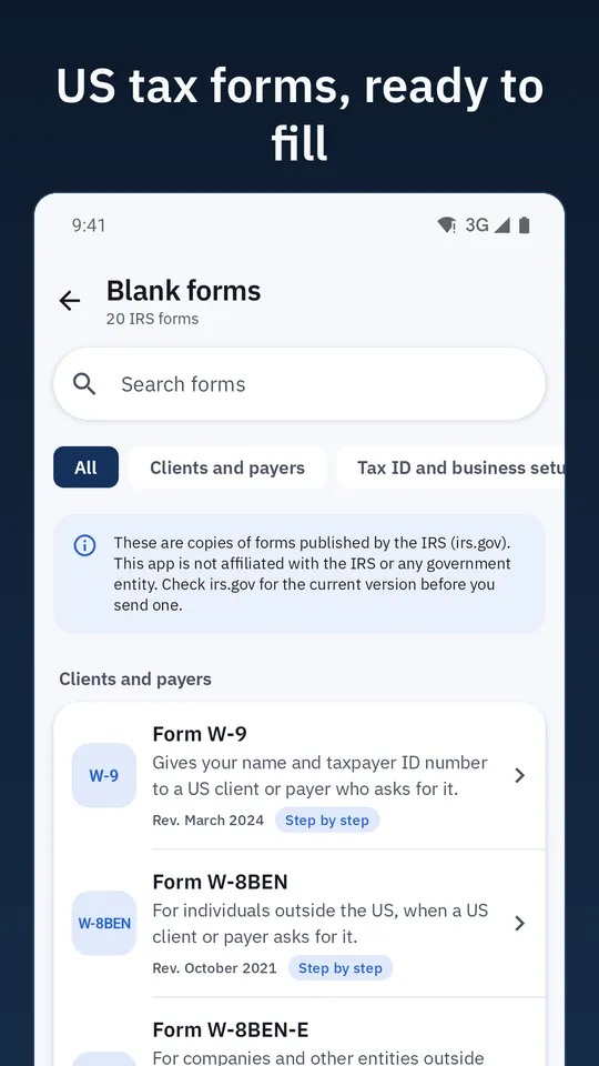 Blank forms: a searchable list of 20 IRS forms, including W-9 and W-8BEN. Caption: US tax forms, ready to fill.