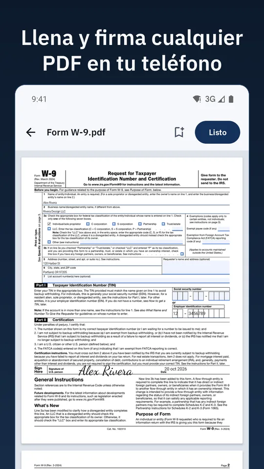 Formulario W-9 abierto en PDF Sign & Fill, lleno y firmado. Texto: Llena y firma cualquier PDF en tu teléfono.
