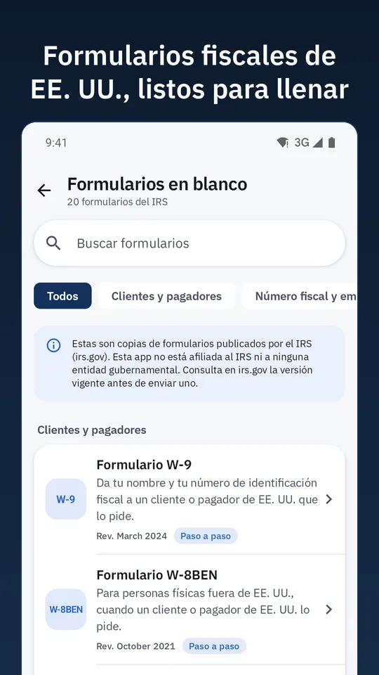 Formularios en blanco: una lista con buscador de 20 formularios del IRS, entre ellos W-9 y W-8BEN. Texto: Formularios fiscales de EE. UU., listos para llenar.